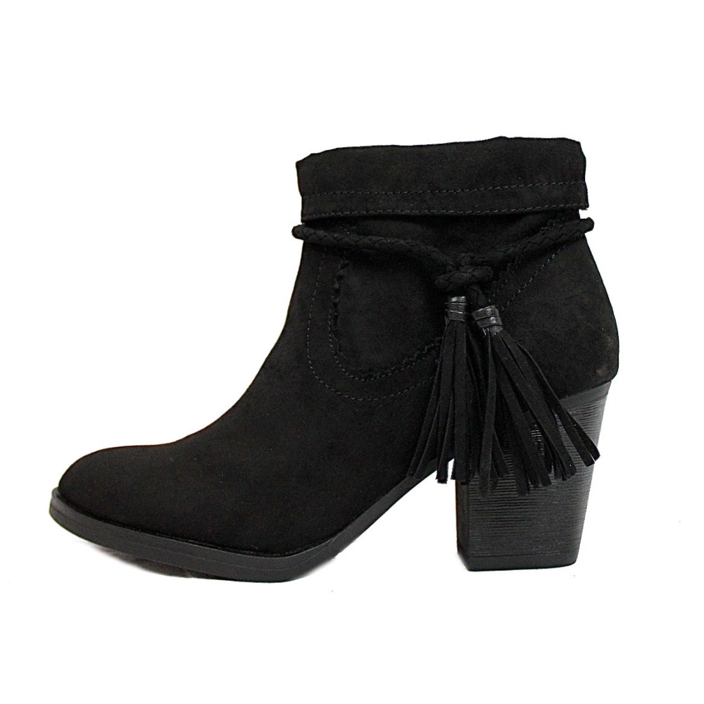 Black Suede Tassel Chunky Heeled Almond Toe Bootie